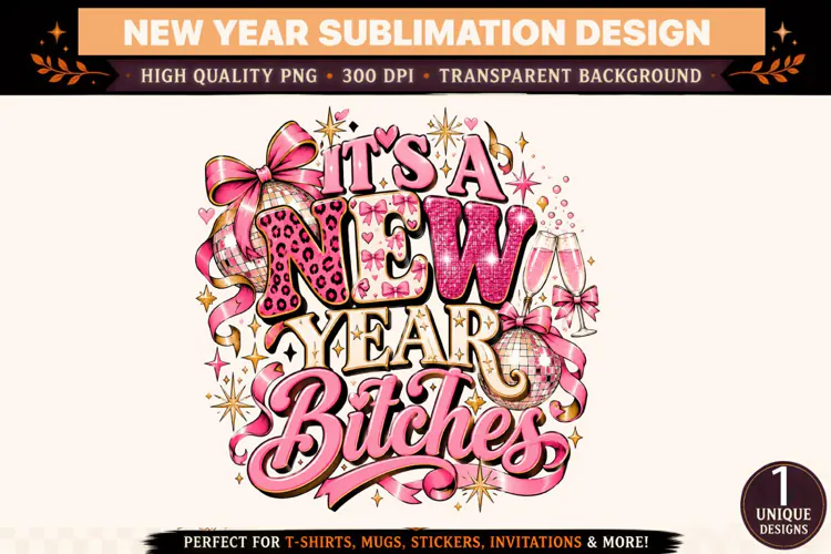 It's a New Year Bitches PNG, Pink Gold Disco Ball Sublimatio
