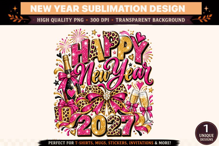 Happy New Year 2027 PNG, Pink Leopard Print Sublimation Desi example image 1