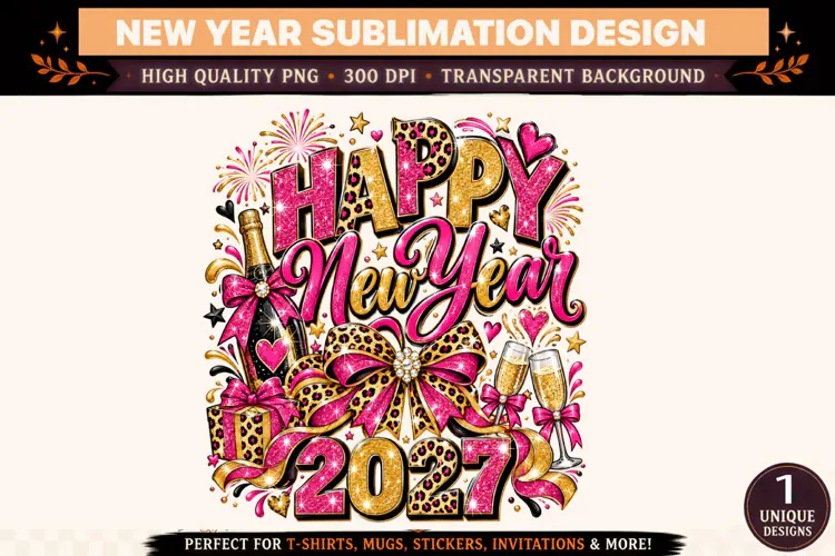 Happy New Year 2027 PNG, Pink Leopard Print Sublimation Desi