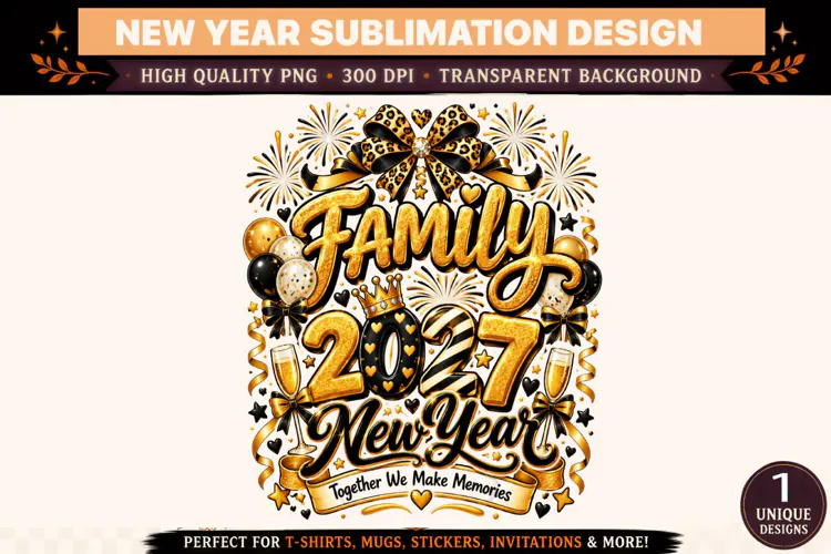 Family 2027 New Year PNG, Black Gold Glitter Sublimation Des
