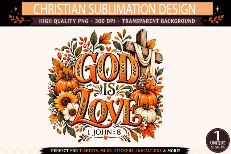 God Is Love PNG, Christian Fall Sublimation Design, Orange P