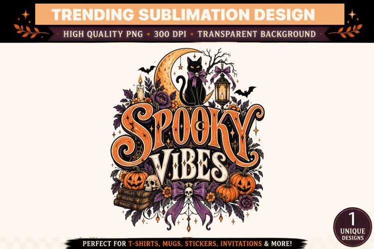 Spooky Vibes Halloween PNG, Black Cat Crescent Moon Pumpkin example image 1