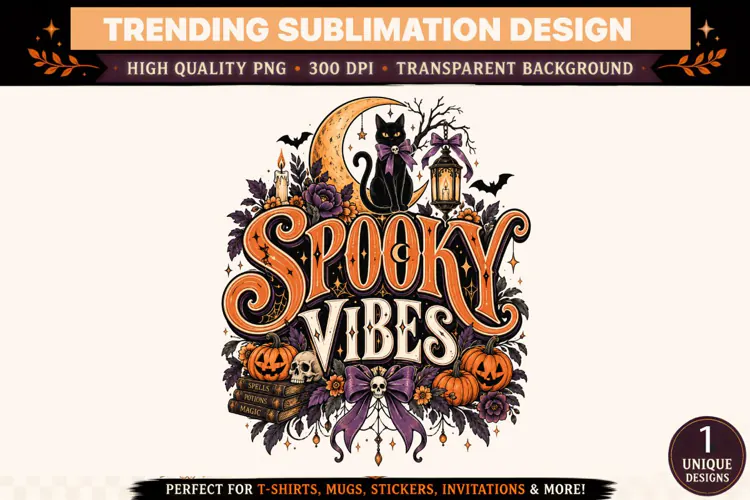Spooky Vibes Halloween PNG, Black Cat Crescent Moon Pumpkin