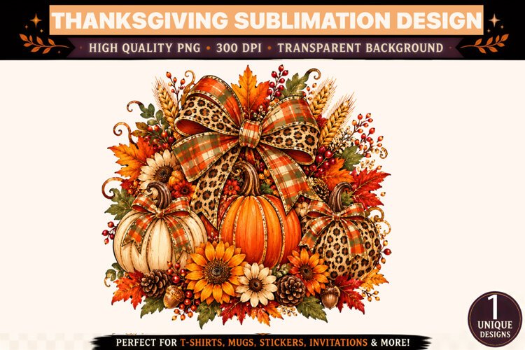 Thanksgiving Pumpkin PNG, Leopard Print and Plaid Bow Sublim example image 1
