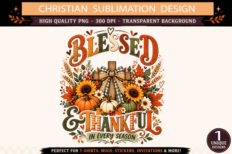 Blessed and Thankful PNG, Christian Fall Sublimation Design,