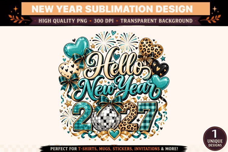 Hello New Year 2027 PNG, Teal and Gold Disco Ball Sublimatio example image 1