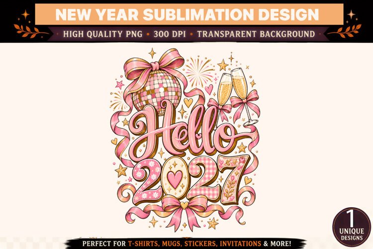 Hello 2027 PNG, Pink Disco Ball New Year Sublimation Design, example image 1