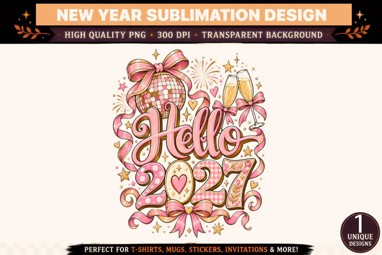 Hello 2027 PNG, Pink Disco Ball New Year Sublimation Design,