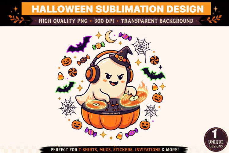 Halloween DJ Ghost PNG, Pumpkin Turntable Sublimation Design example image 1