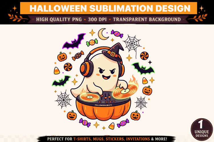 Halloween DJ Ghost PNG, Pumpkin Turntable Sublimation Design