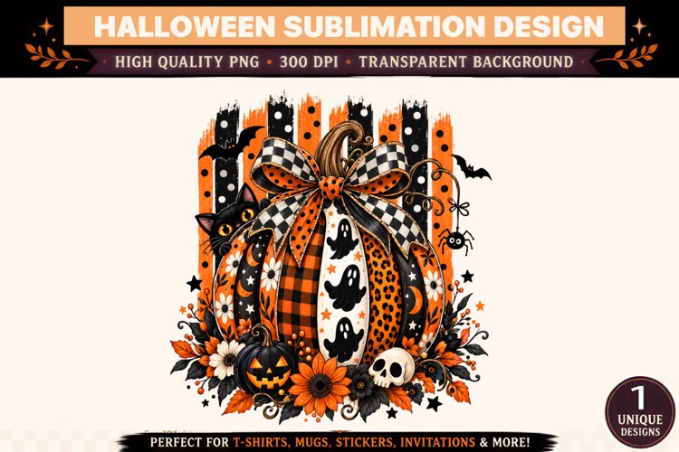 Halloween Pumpkin PNG, Leopard Plaid Bow Ghost Black Cat Sub example image 1