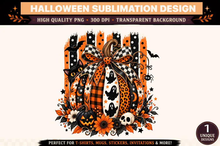 Halloween Pumpkin PNG, Leopard Plaid Bow Ghost Black Cat Sub