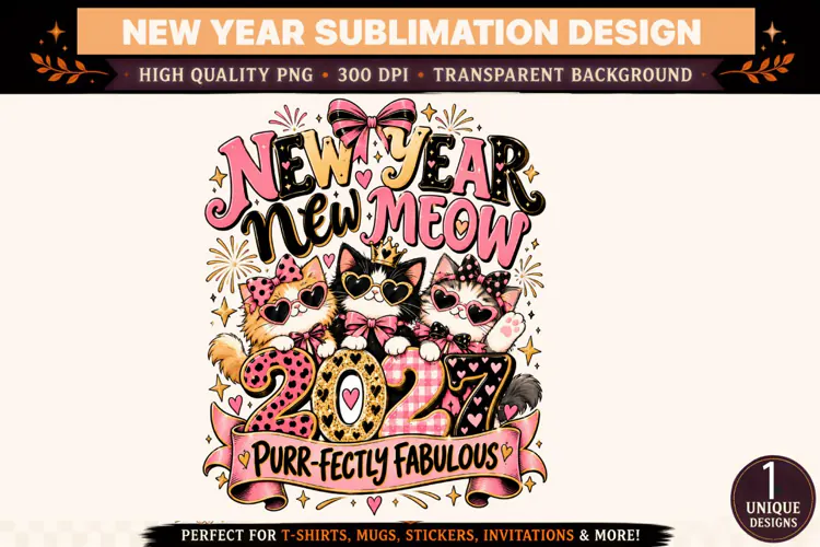 New Year Meow 2027 PNG, Cute Cat New Year Sublimation Design