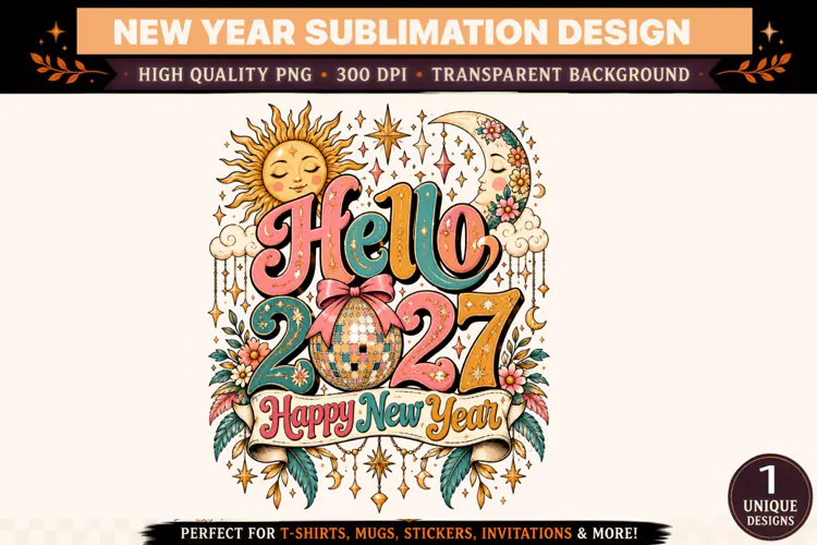 Hello 2027 Sublimation PNG, Happy New Year Design, Celestial