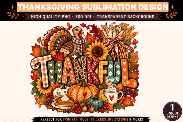 Thankful PNG, Thanksgiving Turkey and Pumpkin Sublimation De example image 1