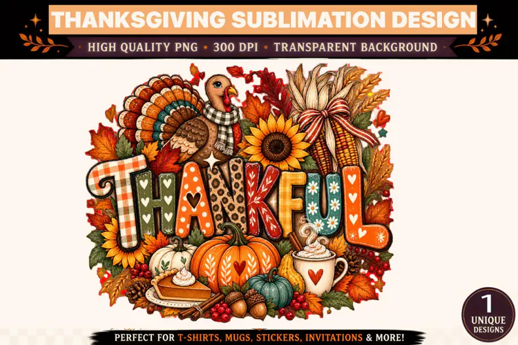 Thankful PNG, Thanksgiving Turkey and Pumpkin Sublimation De