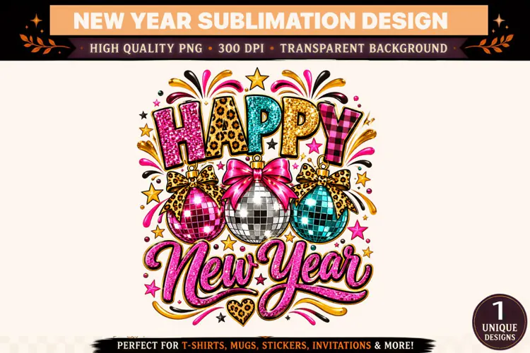 Happy New Year PNG, Pink Gold Teal Disco Ball Sublimation De