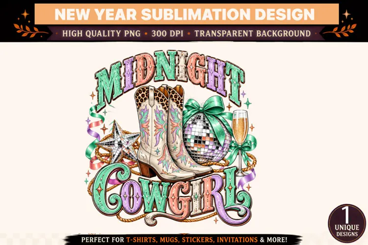 Midnight Cowgirl PNG, Western New Year Sublimation Design, D