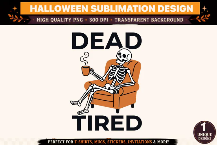 Dead Tired Skeleton PNG, Funny Halloween Skeleton Coffee Des