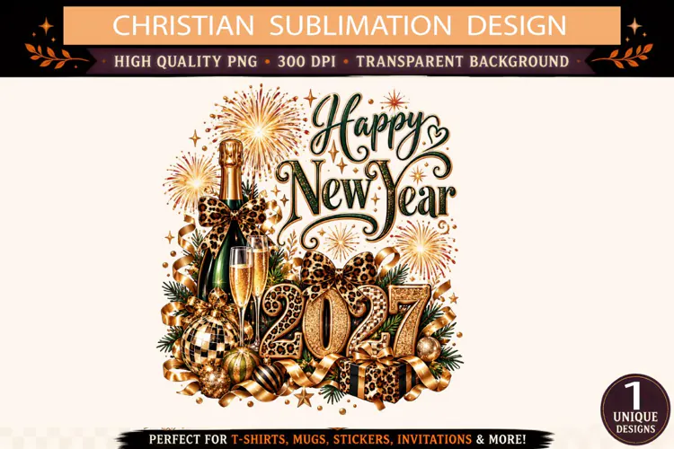 Happy New Year 2027 PNG, Gold Leopard Print Sublimation Desi