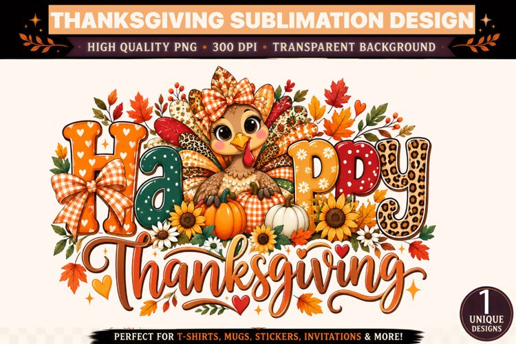 Happy Thanksgiving PNG, Cute Turkey Sublimation Design, Leop example image 1