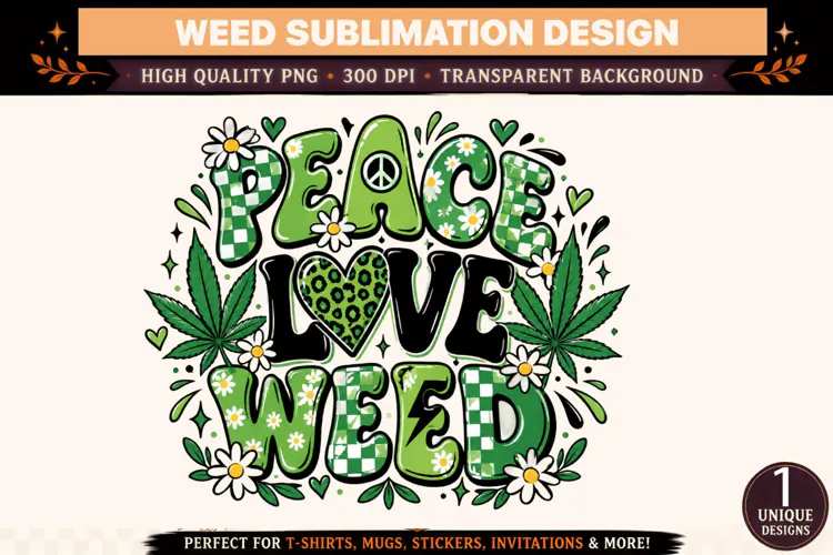 Peace Love Weed PNG, Green Cannabis Sublimation Design, Retr