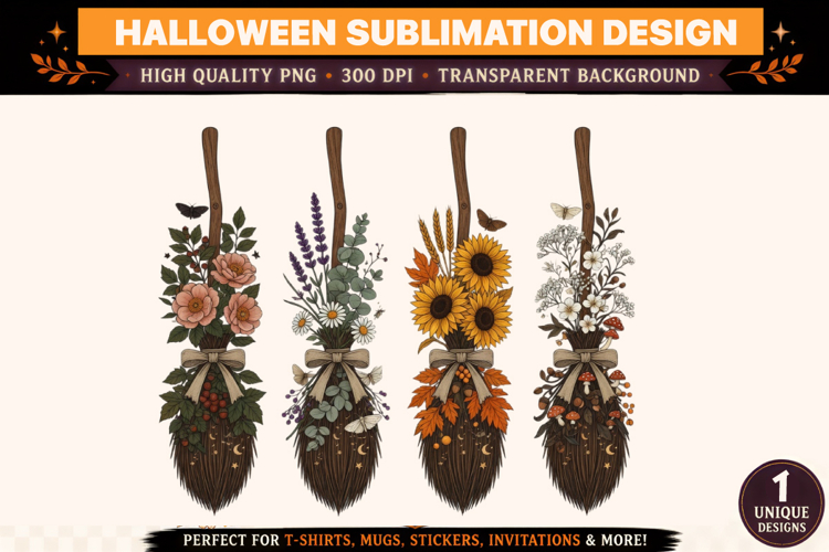Floral Witch Broom PNG Bundle | Vintage Botanical Broom