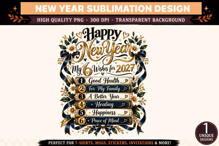 Happy New Year 2027 PNG, Six Wishes for 2027 Sublimation Des