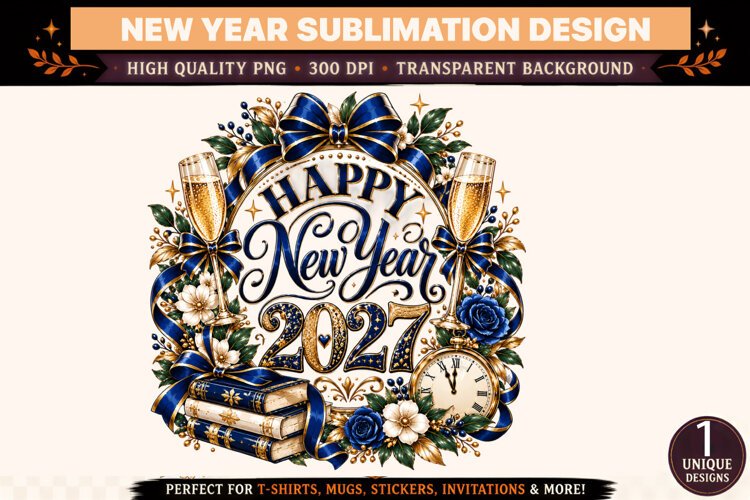 Happy New Year 2027 PNG, Navy Blue Gold Sublimation Design, example image 1