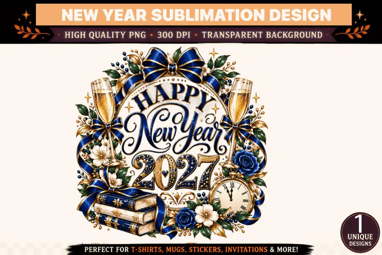 Happy New Year 2027 PNG, Navy Blue Gold Sublimation Design,