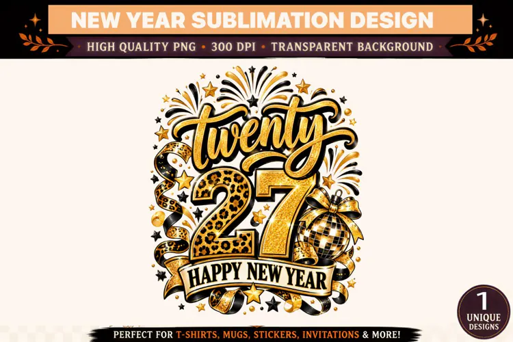Twenty 27 Happy New Year PNG, Black Gold Leopard Print Subli