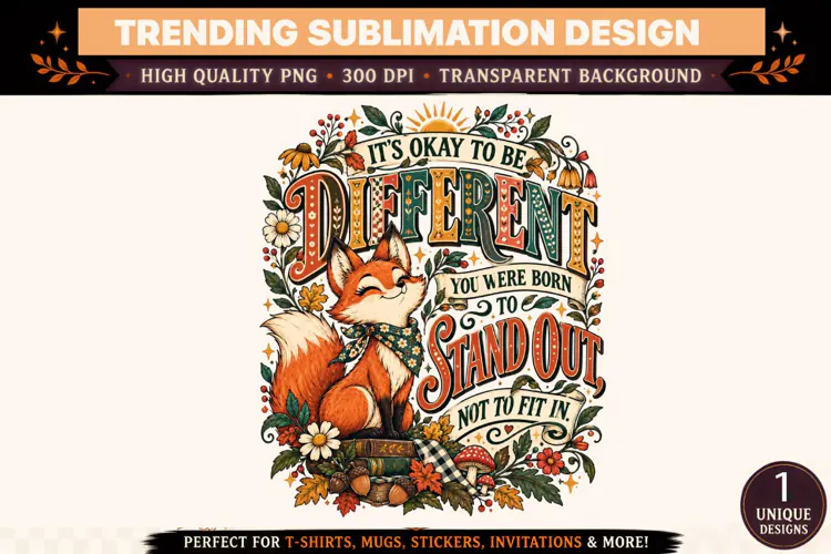 Its Okay to Be Different PNG, Cute Fox Inspirational Quote,
