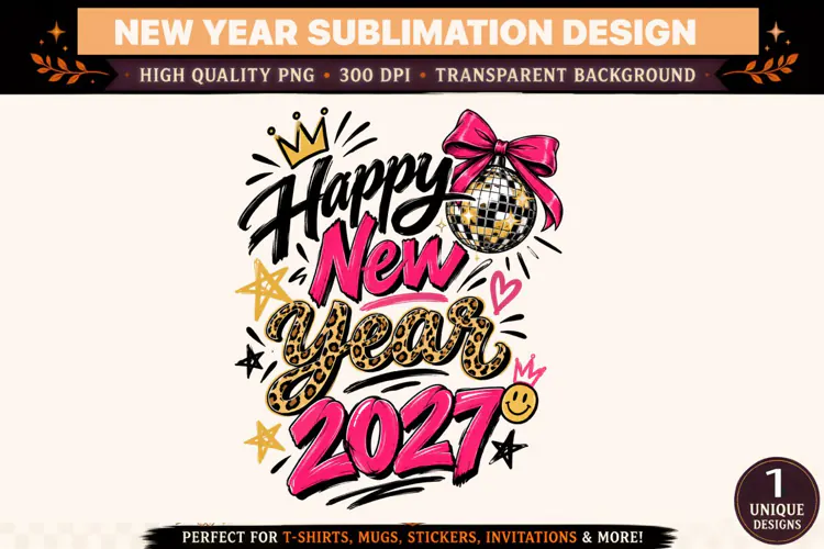Happy New Year 2027 PNG, Pink Black Gold Sublimation Design,