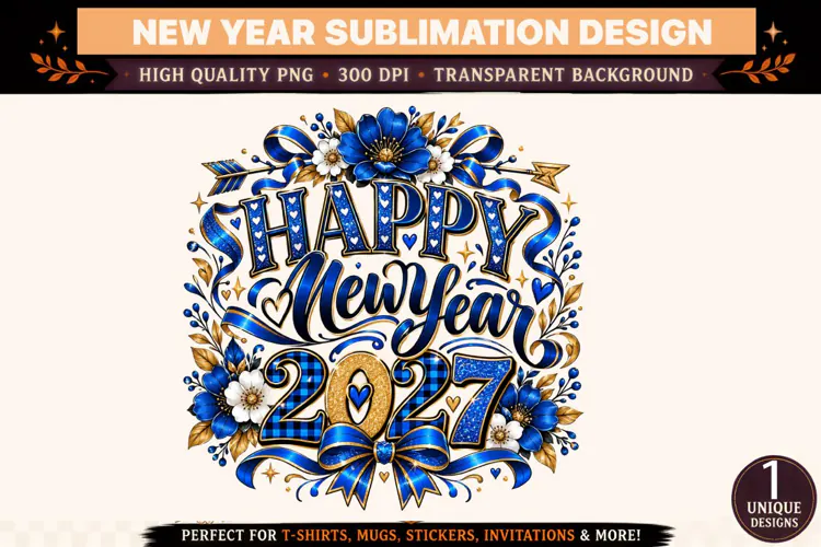 Happy New Year 2027 PNG, Royal Blue Gold Floral Sublimation