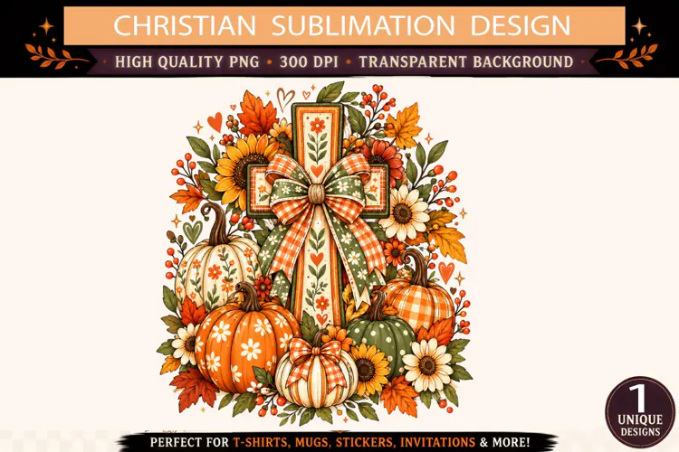 Christian Fall Cross PNG, Pumpkin and Floral Cross Sublimati