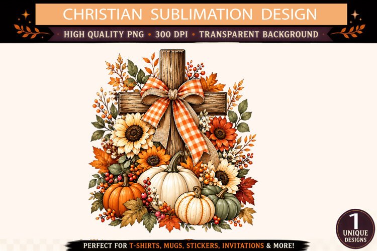 Christian Fall Cross PNG, Rustic Wooden Cross with Pumpkins example image 1