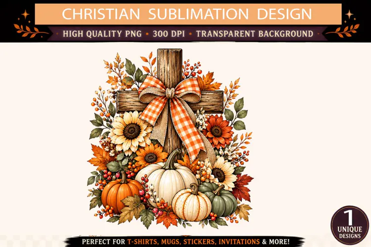 Christian Fall Cross PNG, Rustic Wooden Cross with Pumpkins