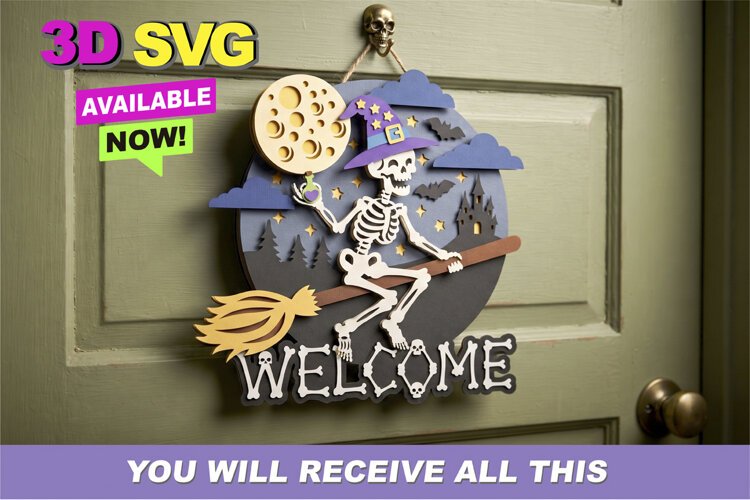 Spooky Halloween Skeleton Door Sign 3D SVG example image 1