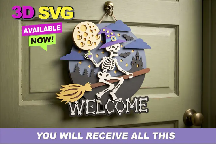 Spooky Halloween Skeleton Door Sign 3D SVG