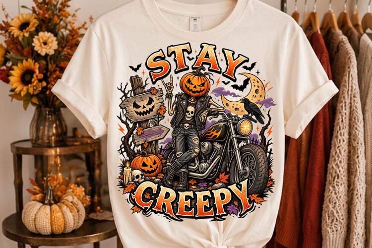 Stay Creepy Halloween Skeleton Biker Design PNG