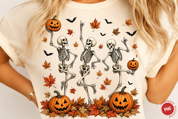 Halloween Skeleton PNG, Dancing Skeleton Pumpkin Design