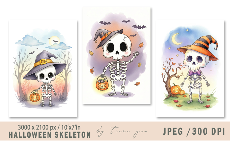 Cute watercolor Halloween skeleton illustration- 3 jpeg file