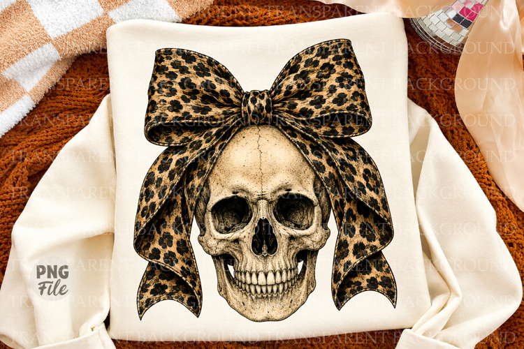 Halloween Skull Bow PNG, Leopard Coquette Gothic Skull