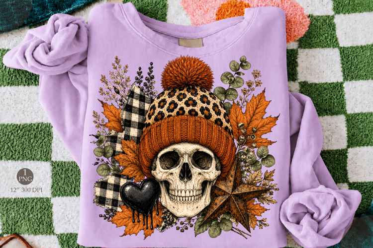 Halloween Skull PNG,Leopard Beanie and Autumn Leaves Design