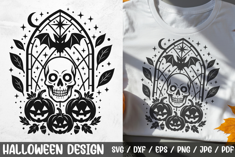 Halloween Skull Stained Glass SVG | Gothic Spooky Window PNG