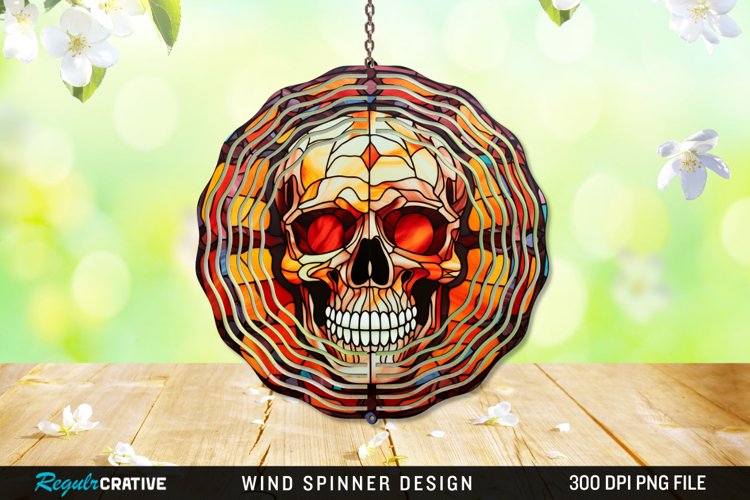 Stained Glass Halloween Skull Wind Spinner Sublimation PNG