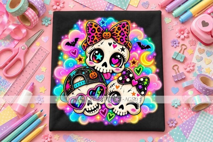 Halloween Skull Trio PNG with Bows, Sunglasses and Cap example image 1