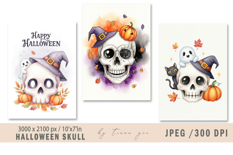 Cute watercolor Halloween skull illustration- 3 jpeg file