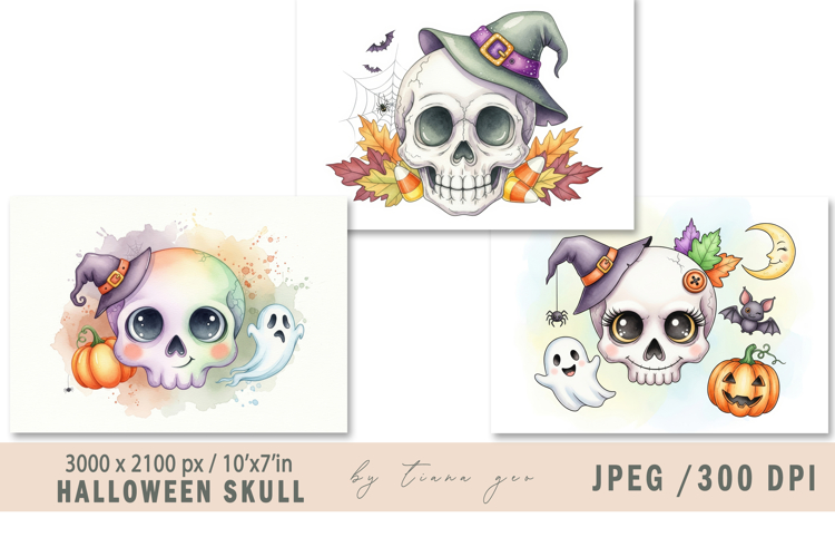 Cute watercolor Halloween skull illustration- 3 jpeg file