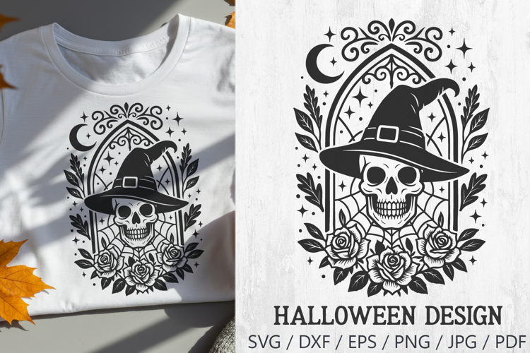 Halloween Skull with Witch Hat Stained Glass SVG Cut File